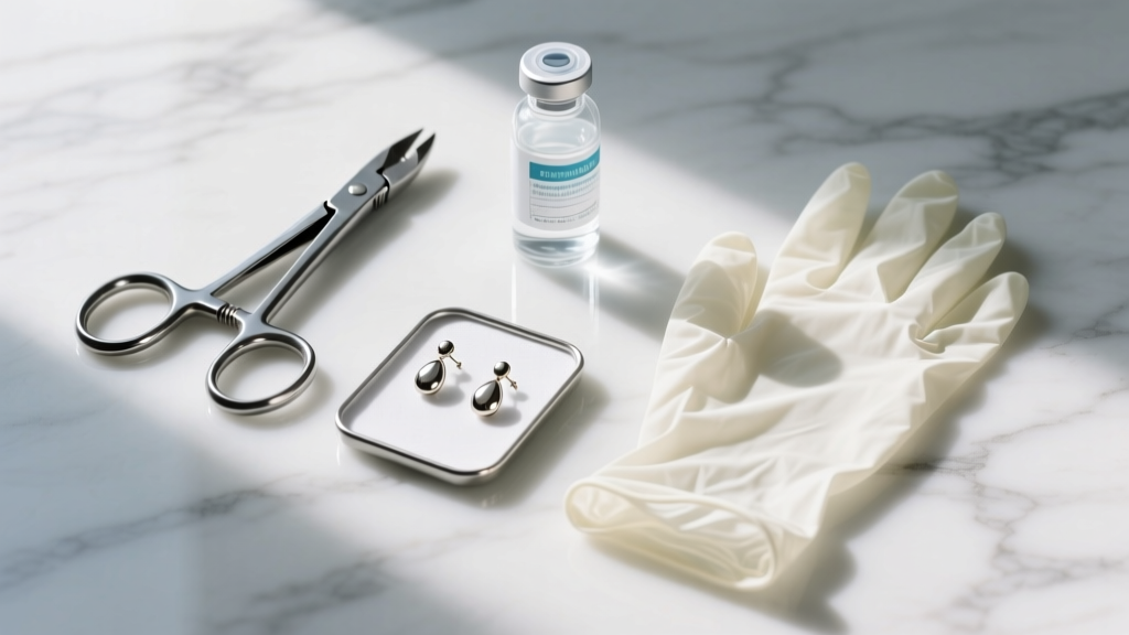 Top-down flat lay of an earring rescue kit with a hemostat, saline solution, and nitrile gloves on a marble surface, crisp focus