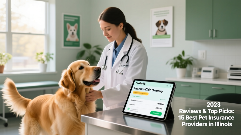 A veterinarian examining a golden retriever while a tablet displays a FurPetVo insurance claim summary