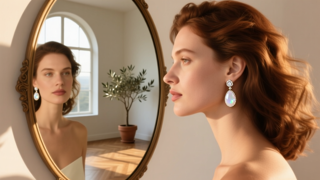 Woman wearing white opal drop earrings in 18k white gold, looking softly into a mirror bathed in warm, natural window light.