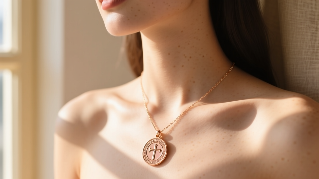 Young woman wearing a 12mm miraculous medal confirmation necklace in rose gold, photographed from collarbone up in warm sunlight