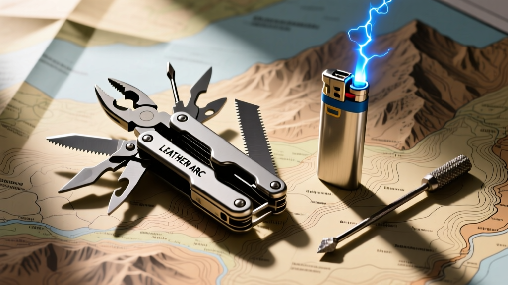 Leatherman ARC multi-tool deployed next to a dual-arc plasma lighter and a ferrocerium rod on top of a waterproof topographic map.