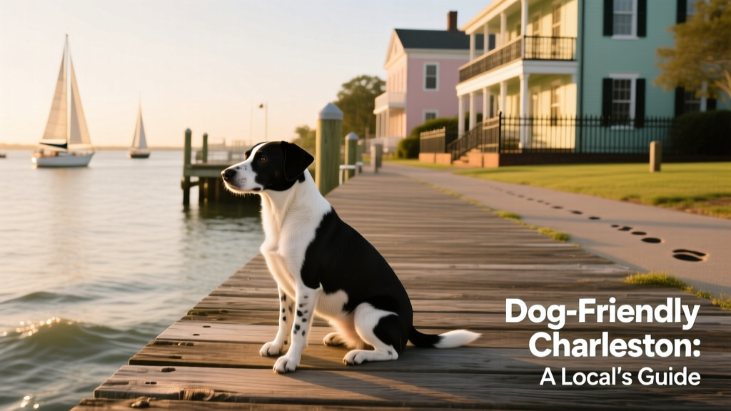 A small black and white dog sitting calmly at a harbor overlook in Charleston