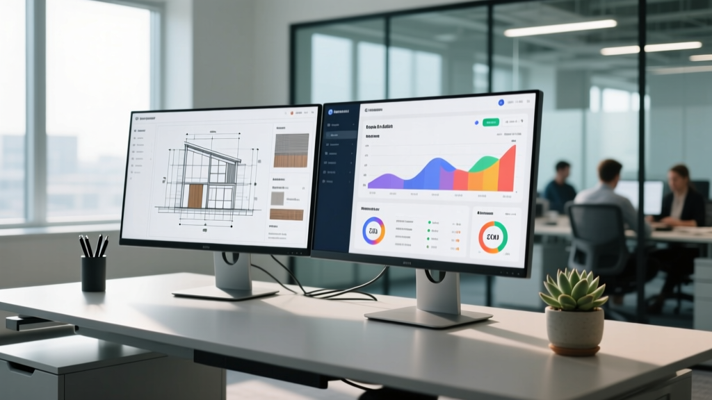 Dual monitors on a supplier desk showing construction blueprints and a CRM dashboard tracking building material leads
