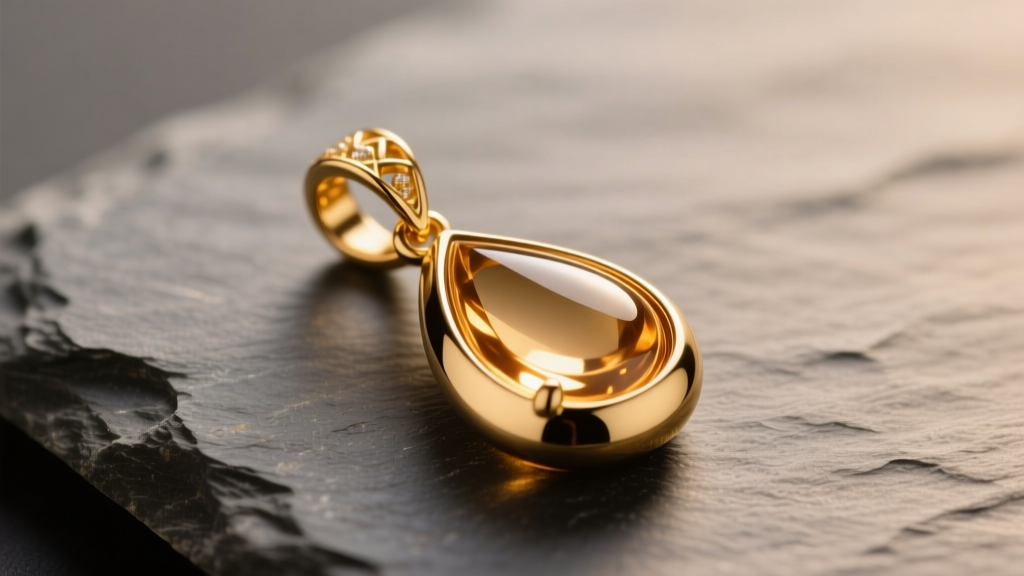 Macro shot of an 18k gold teardrop pendant on slate, showing the smooth curved shape and cast bail under soft studio lighting.