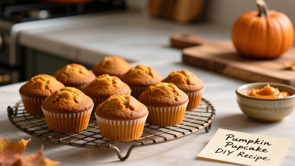 A batch of golden-brown pumpkin pupcakes arranged on a wire cooling rack