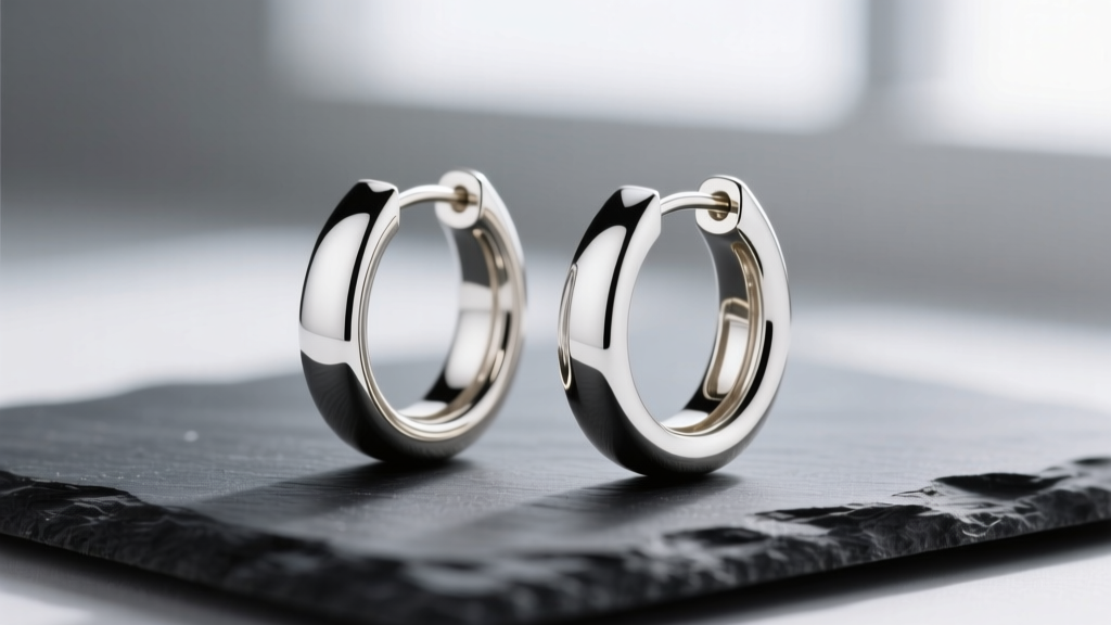 Macro photo of 18-gauge rhodium-plated white gold hoop earrings resting on dark slate, highlighting the bright mirror finish.