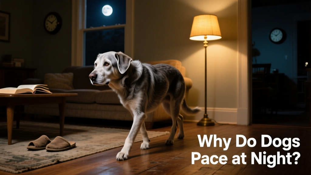 A senior dog pacing slowly in a dimly lit living room at night, looking restless but not distressed