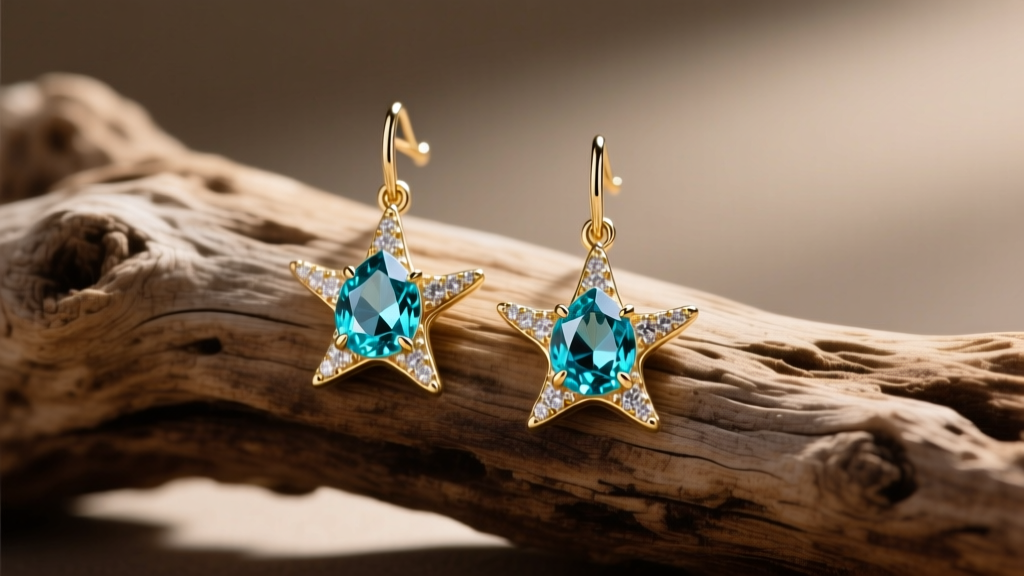 18k white gold starfish drop earrings with pear-cut aquamarine gems resting on weathered driftwood under soft cinematic lighting