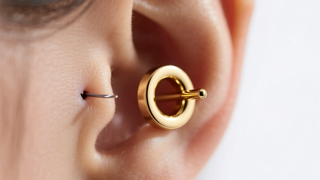 Close-up of a 16-gauge threadless gold disk earring in a healed helix piercing showing the smooth post shaft and secure fit