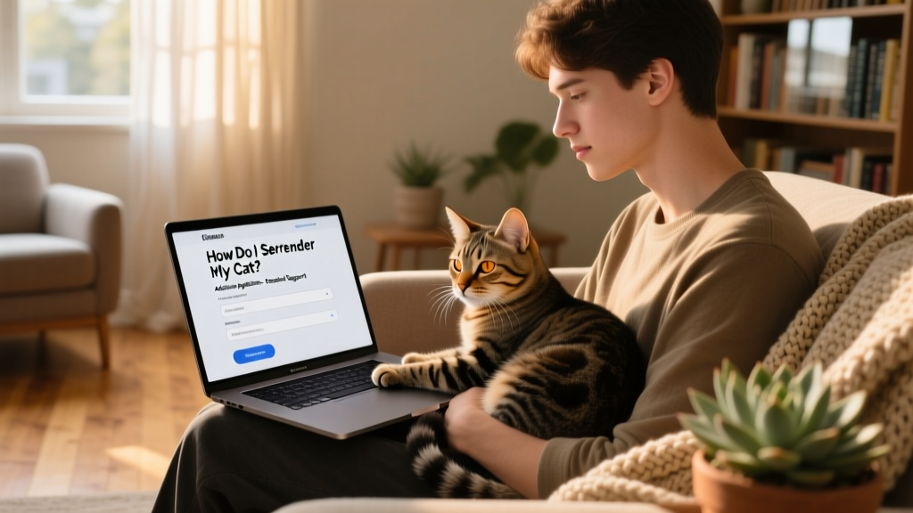 A person gently holding a relaxed cat while reviewing a digital adoption profile on a laptop screen