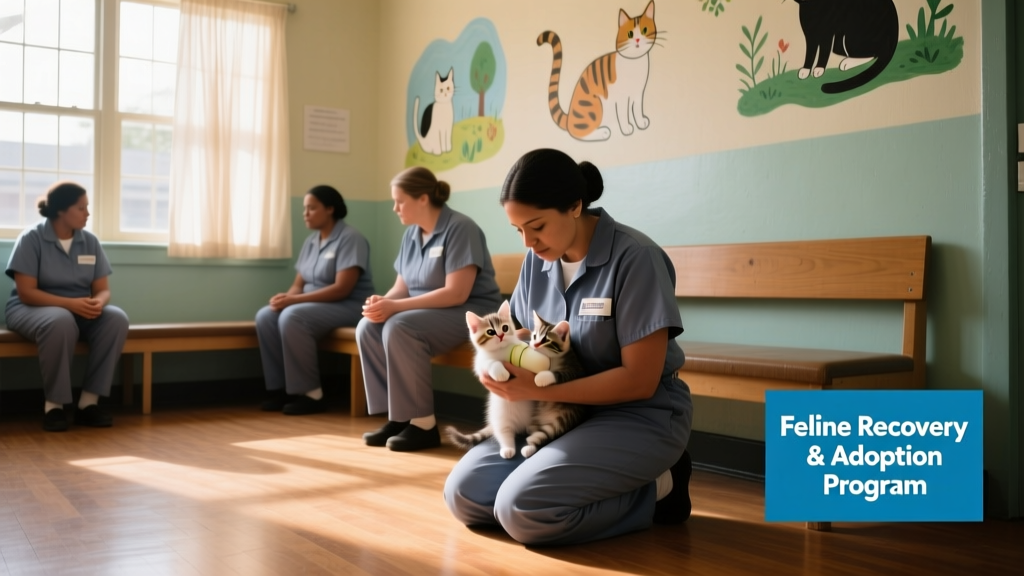 A calm, well-lit room inside a correctional facility where incarcerated women gently hold or bottle-feed kittens
