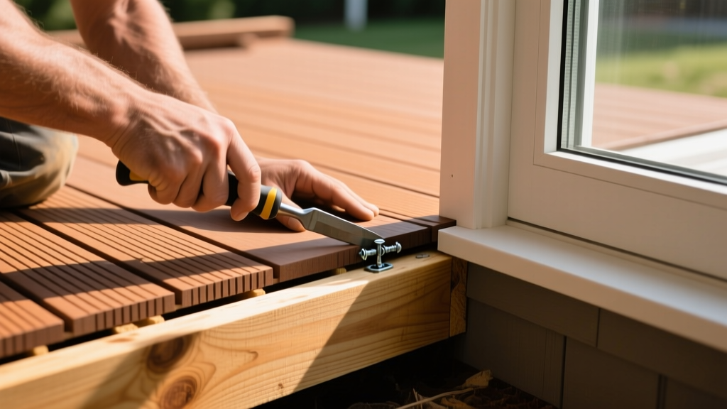 Close-up of a contractor using a hidden fastener system to secure grooved Trex composite decking boards on a pressure-treated wood subframe