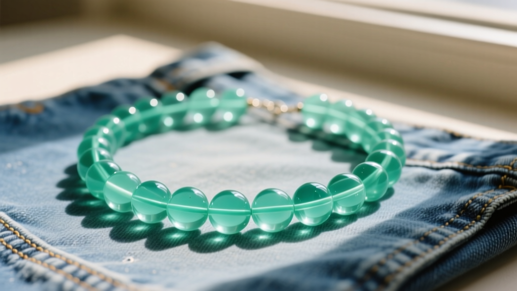 Flat lay of a translucent vintage 90s acrylic bubble necklace in seafoam green resting on faded denim, soft natural lighting