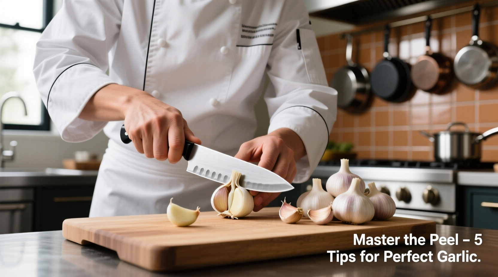 Chef demonstrating garlic peeling technique with knife