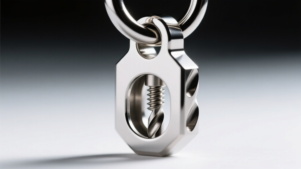 Close-up of a Grade 5 titanium drill pendant bail, highlighting the hidden threaded screw mechanism and reinforced jump ring