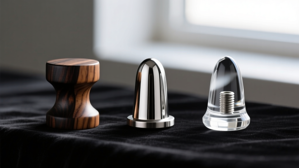 Side-by-side view of three large gauge ear plugs made of lightweight ebony wood, surgical steel, and clear glass on dark velvet.