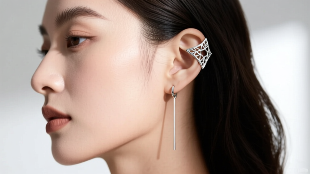 Side profile of a woman wearing an intricate silver ear cuff on her upper cartilage, styled with a minimalist 90s threader earring