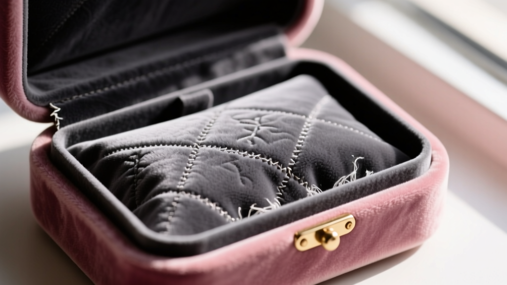 Close-up of dark grey anti-tarnish cloth liner placed inside a retro blush velvet clamshell jewelry box to protect silver pieces