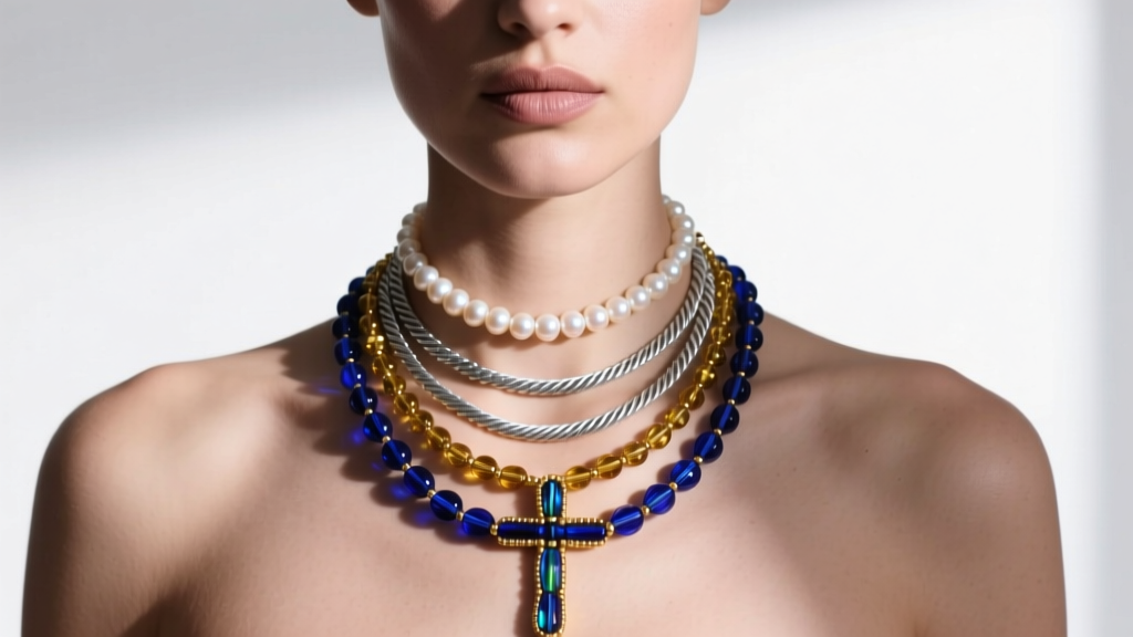Model wearing a 20-inch beaded cross necklace layered with an 18-inch sterling silver cable chain and a freshwater pearl choker.