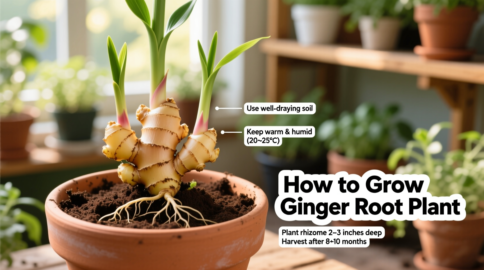 Ingwerwurzel im Topf mit sichtbaren Knospen