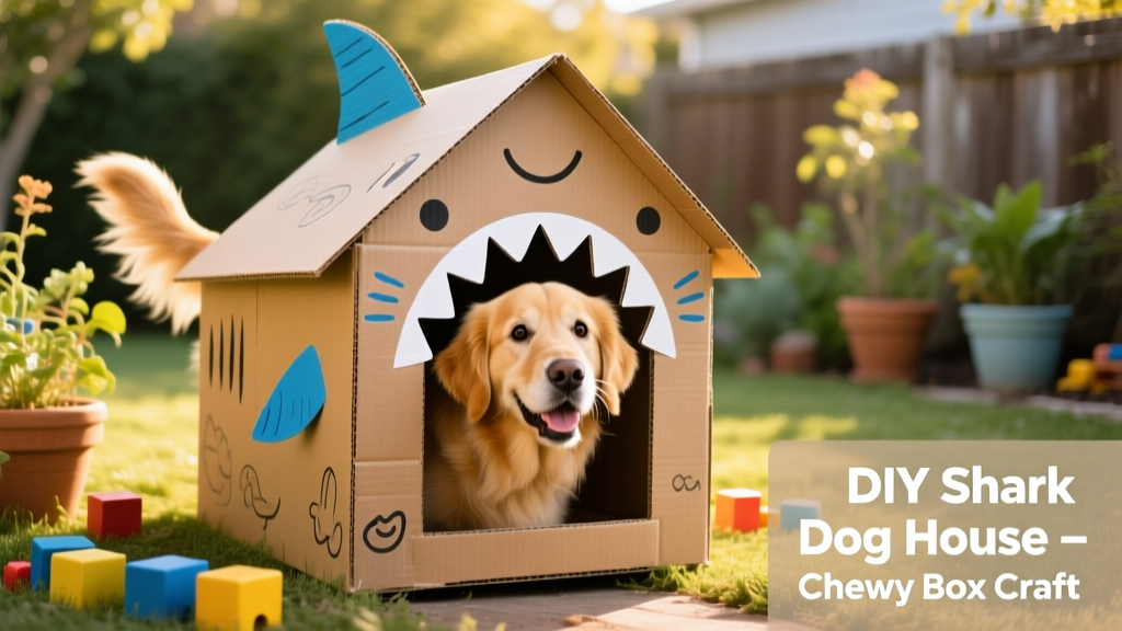 A cheerful golden retriever peeking out of a playful, handcrafted shark-shaped dog house made from cardboard boxes