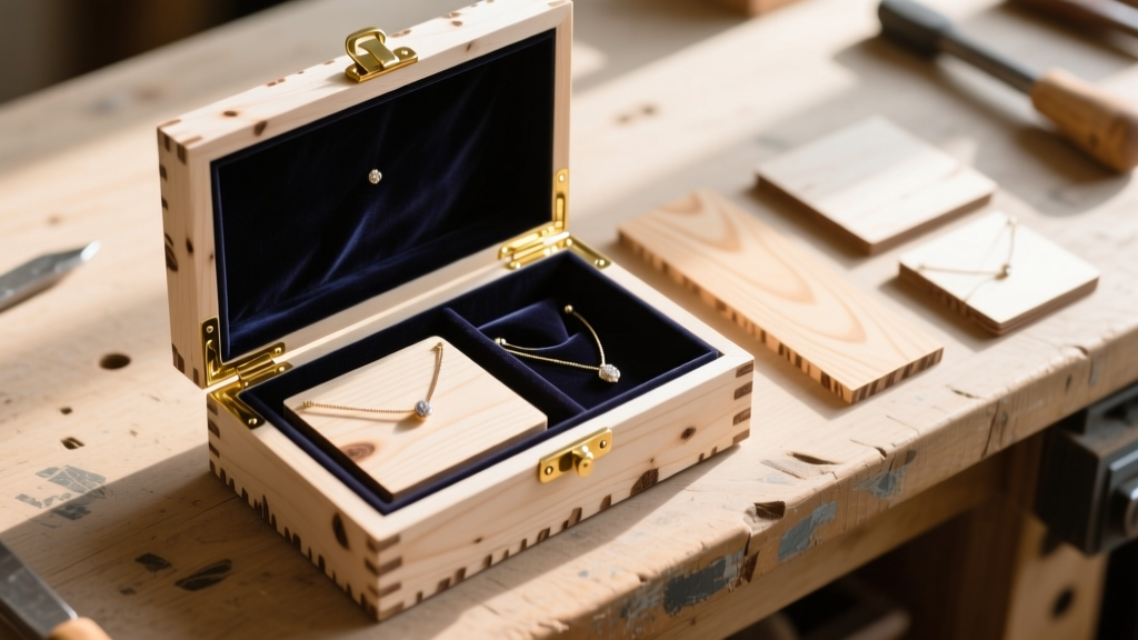 Overhead view of a DIY jewelry box kit with Baltic birch panels, brass hinges, and dark anti-tarnish velvet on a workbench.