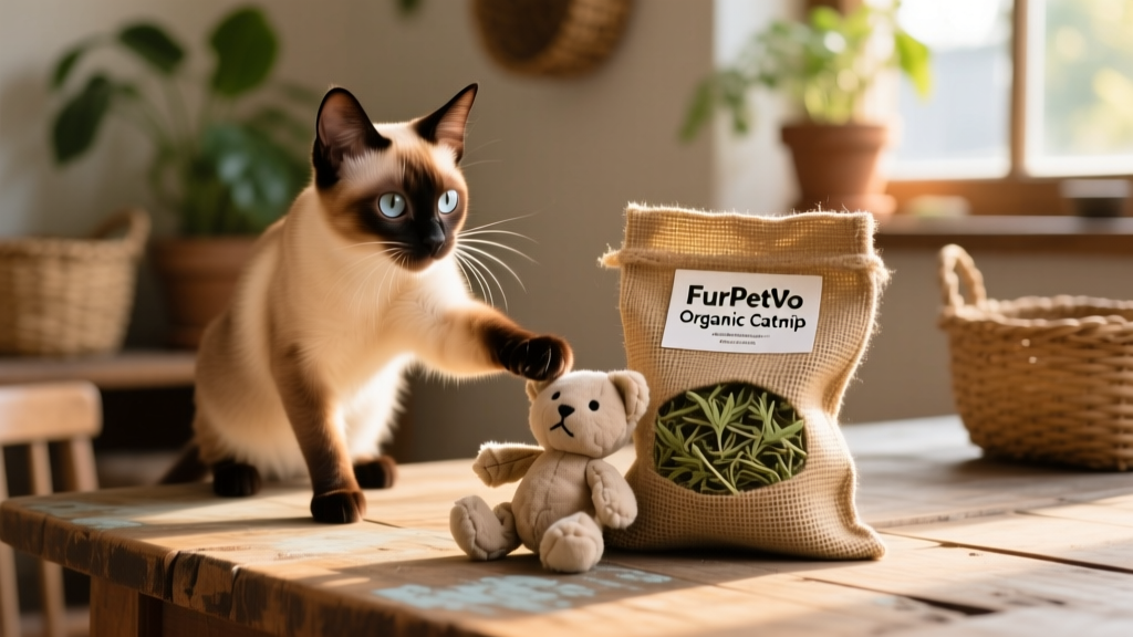 A small burlap bag of FurPetVo Organic Catnip next to a playful cat batting at a plush toy filled with the same catnip