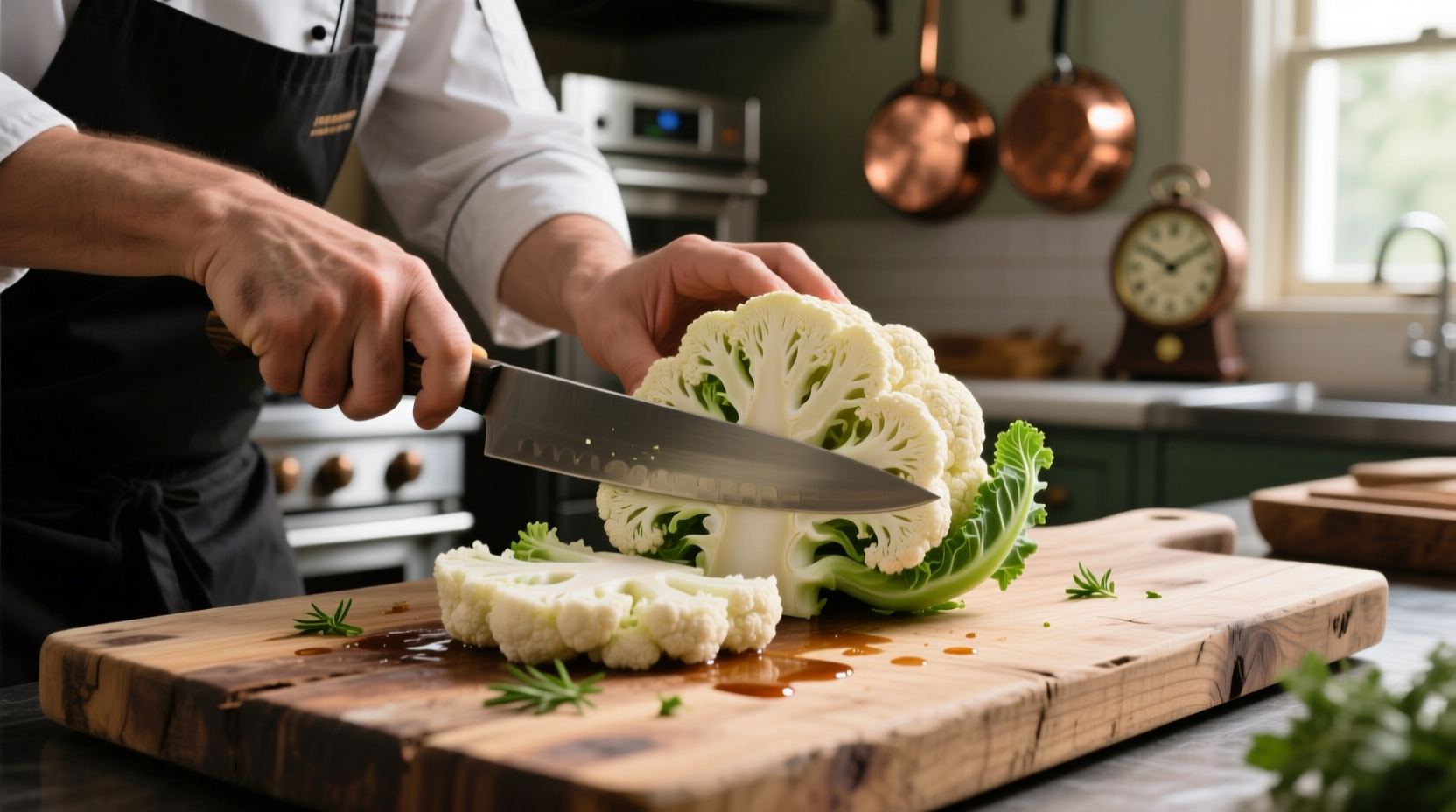 Chef cutting cauliflower steaks on wooden board