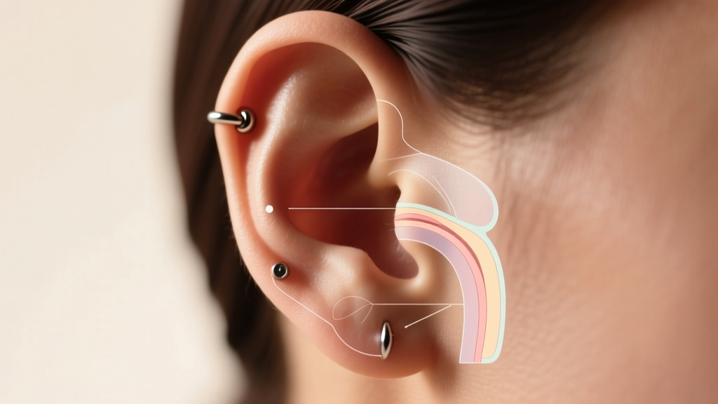 Diagram overlay on an ear showing earring piercings name locations like helix, tragus, and conch in soft, warm studio lighting.
