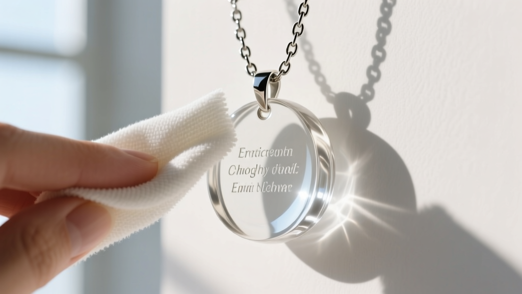 Microfiber cloth gently wiping an epoxy resin message pendant, highlighting the glossy finish and silver cable chain links.