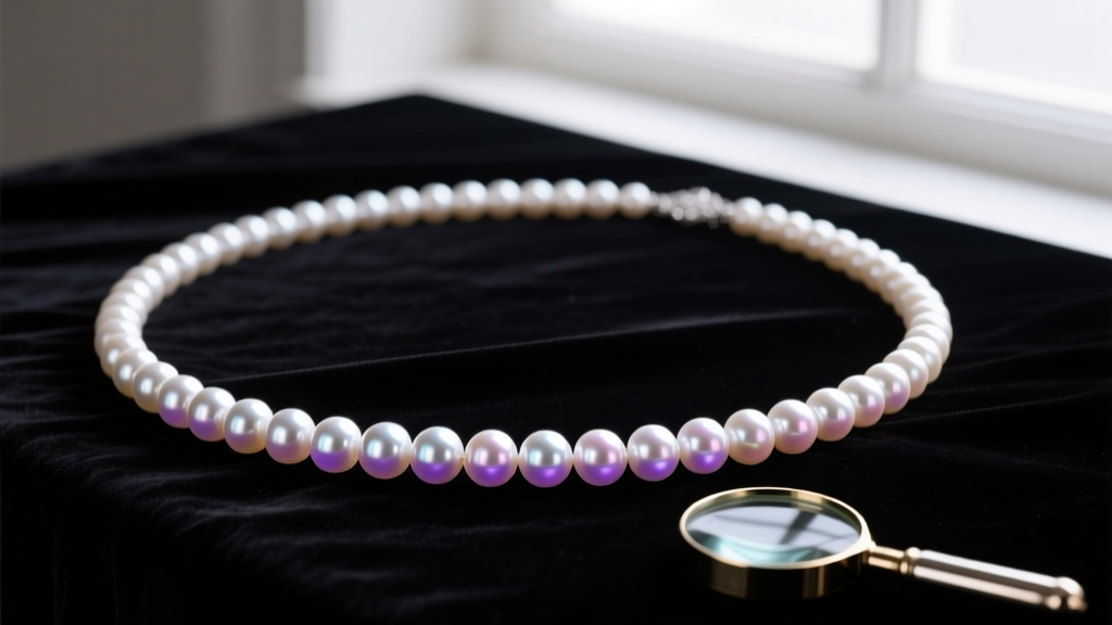 A luminous 18-inch Akoya pearl necklace resting on dark velvet beside a jeweler