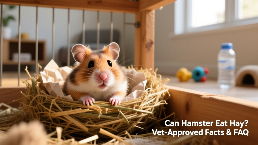 Happy hamster peeking out of a cozy nest made from timothy hay and shredded paper bedding