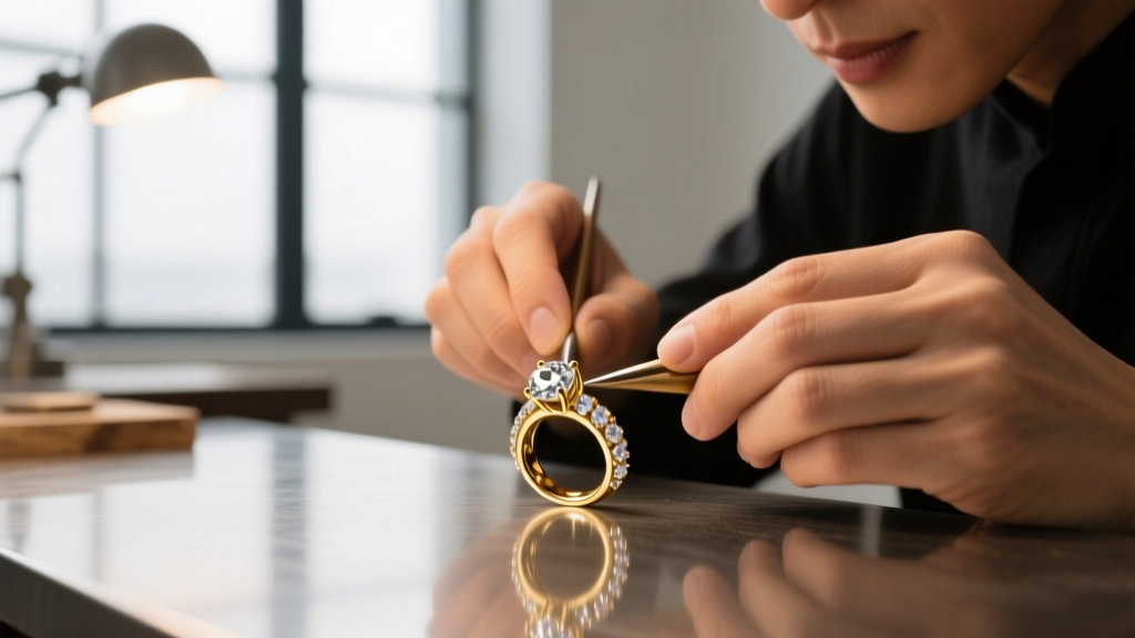 Jeweler's hand using flush cutters to trim a 20-gauge gold-filled jump ring before welding an aura chain bracelet on a client