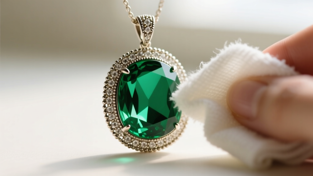 Macro shot of a vintage emerald pendant gently wiped with microfiber cloth, showing rich green gem and intricate milgrain bezel.