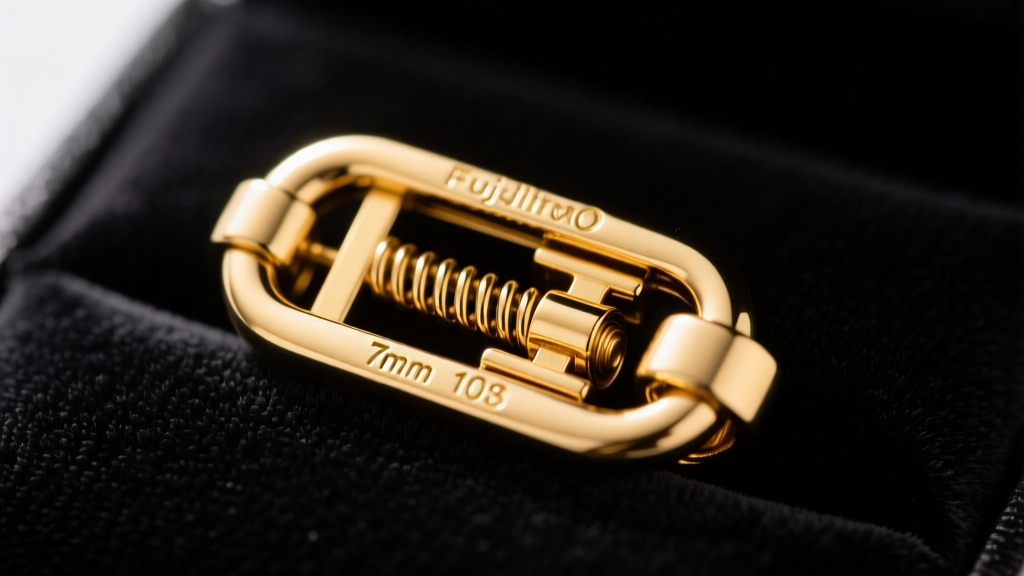 Macro shot of a 7mm gold-plated lobster clasp mechanism showing the internal spring and lever, sharply focused on dark velvet.