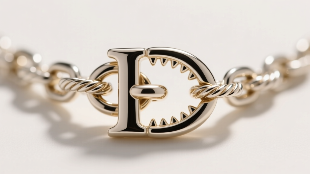 Macro shot of a 14k white gold big letter necklace clasp, showing a heavy lobster claw attached to a 4mm rope chain link detail.