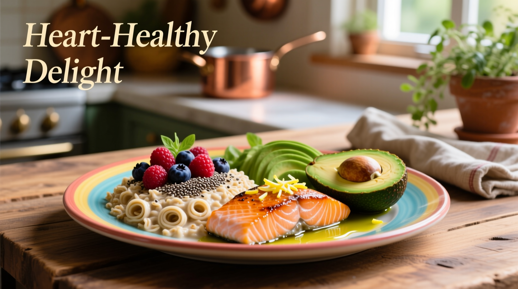 Colorful plate of heart-healthy foods including oats, salmon, and avocado