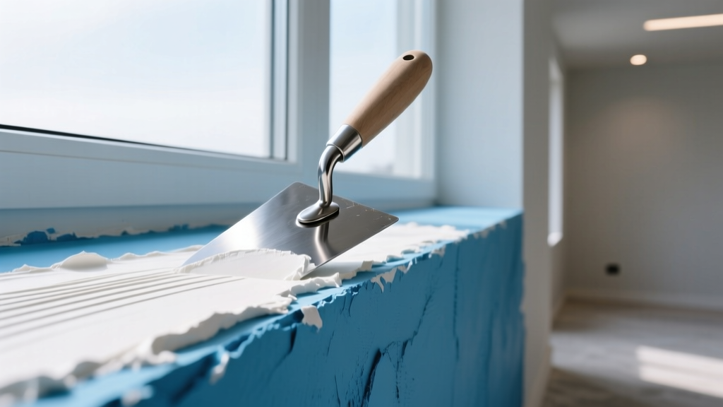 Close-up of a steel trowel applying wet white veneer plaster over a blue gypsum plaster base board in a modern interior