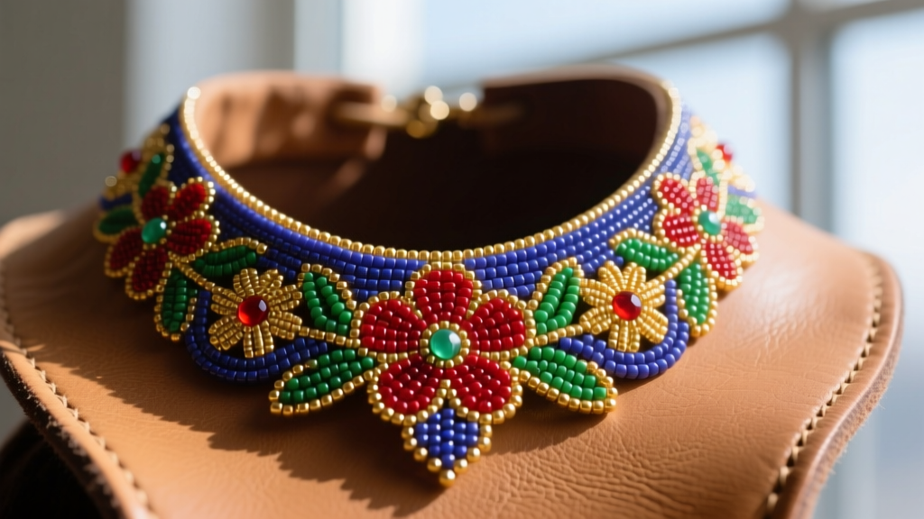 Macro shot of a Native beaded necklace featuring floral peyote stitch with vibrant Czech glass seed beads on soft buckskin backing