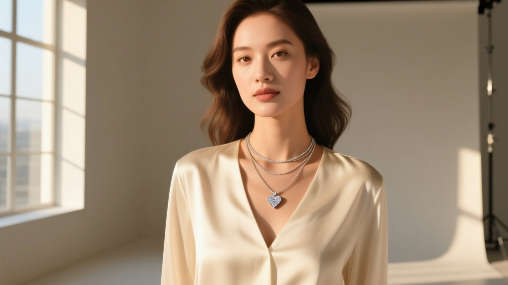 Woman wearing a layered stack with a small pave diamond heart pendant on a delicate 16-inch cable chain over a cream silk blouse.