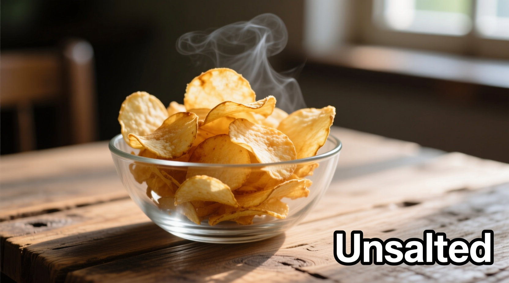 Unsalted potato chips in a glass bowl on wooden table