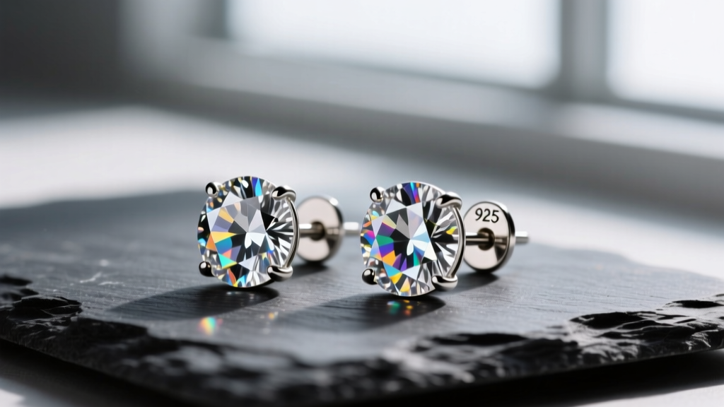 Macro shot of Kiera CZ 925 VN earrings on dark slate, highlighting brilliant cut cubic zirconia and the tiny 925 hallmark stamp