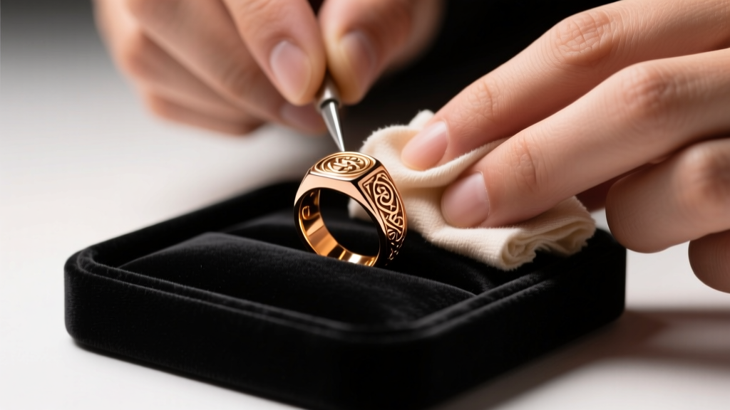 Hands polishing an 18k rose gold signet ring with microfiber cloth on dark velvet tray, warm studio lighting, high detail.