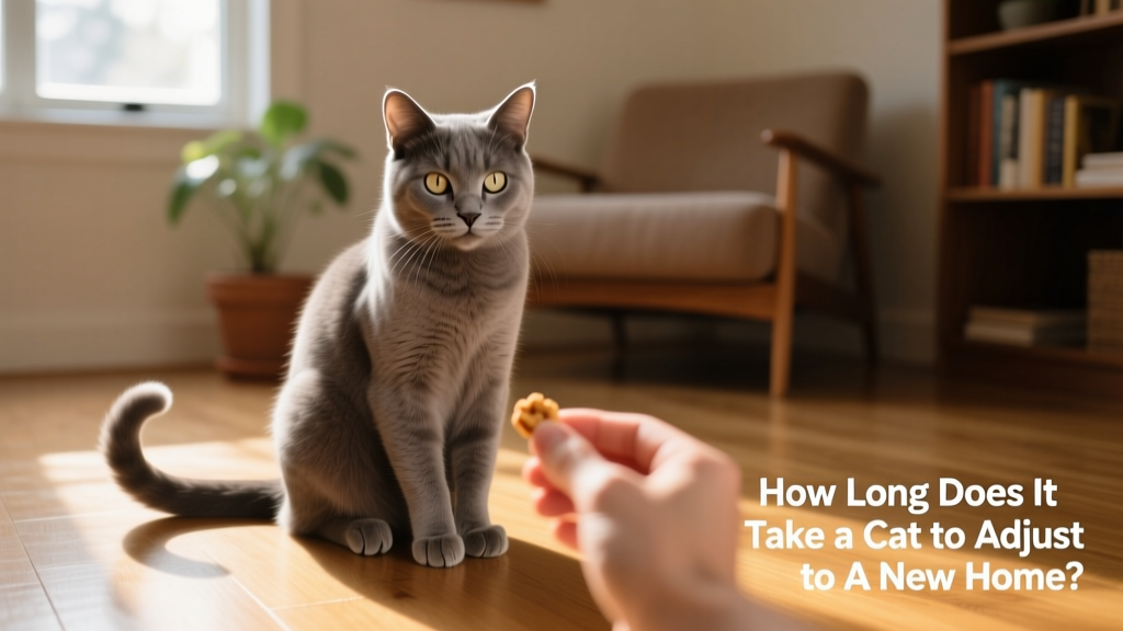 A relaxed cat sitting upright with tail gently curled, making eye contact with a human hand offering a treat