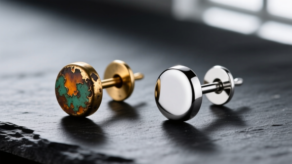 Macro comparison of a tarnished brass earring post next to a pristine surgical steel post against a dark slate background