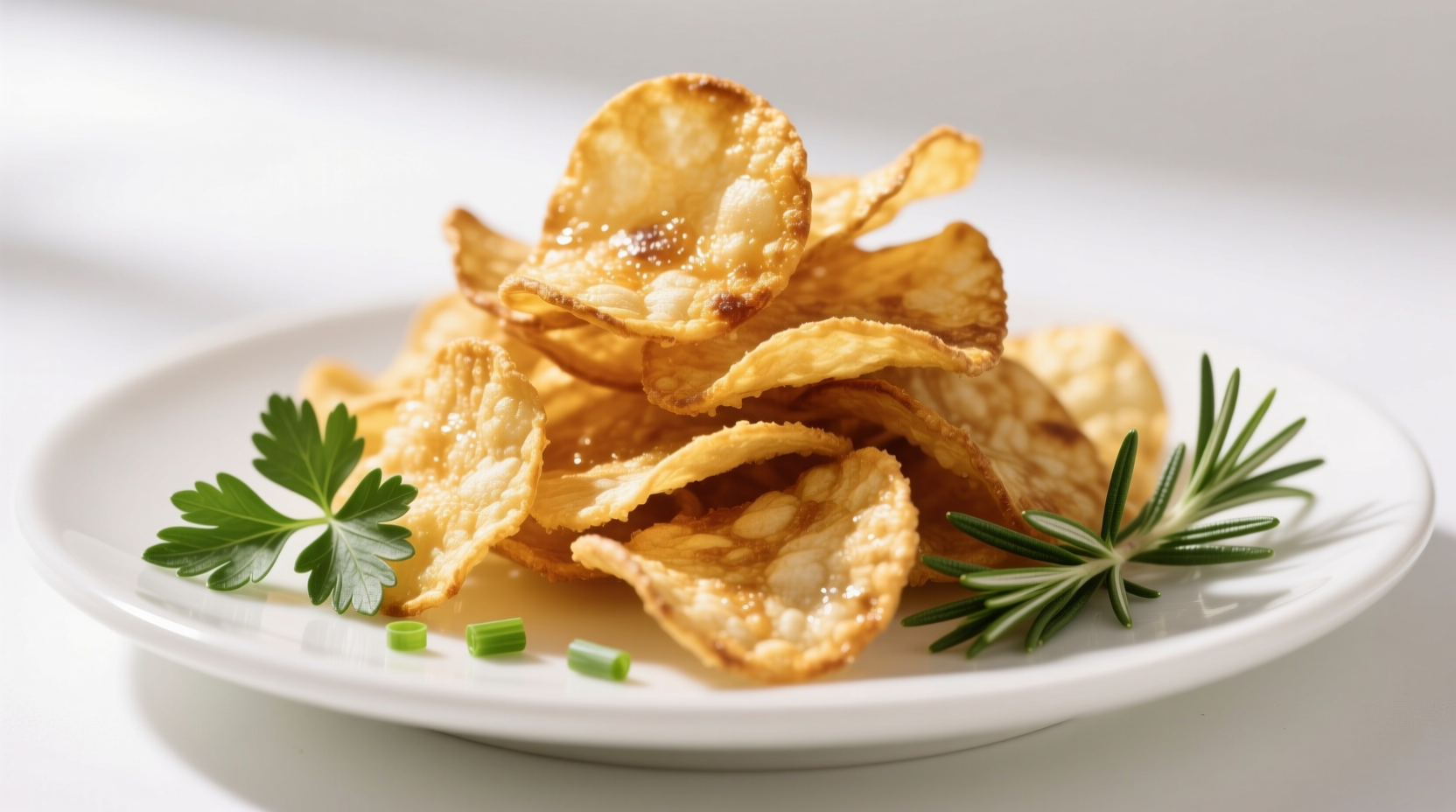 Golden fried garlic chips on white plate with fresh herbs