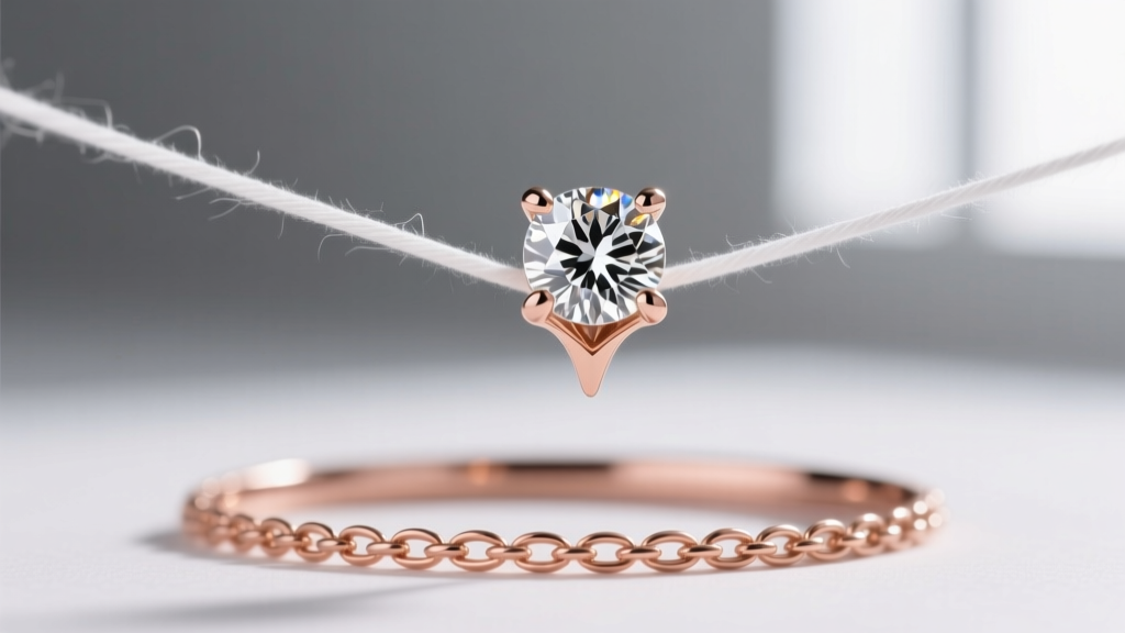 Macro view of a 4-prong station diamond setting on a rose gold chain, showing a lifted prong catching on a white silk thread.