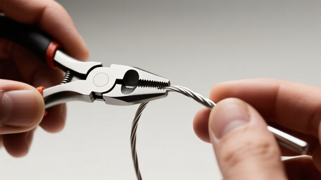 Close-up of hands using nylon jaw pliers to straighten half-hard 20-gauge sterling silver wire under bright studio lighting.