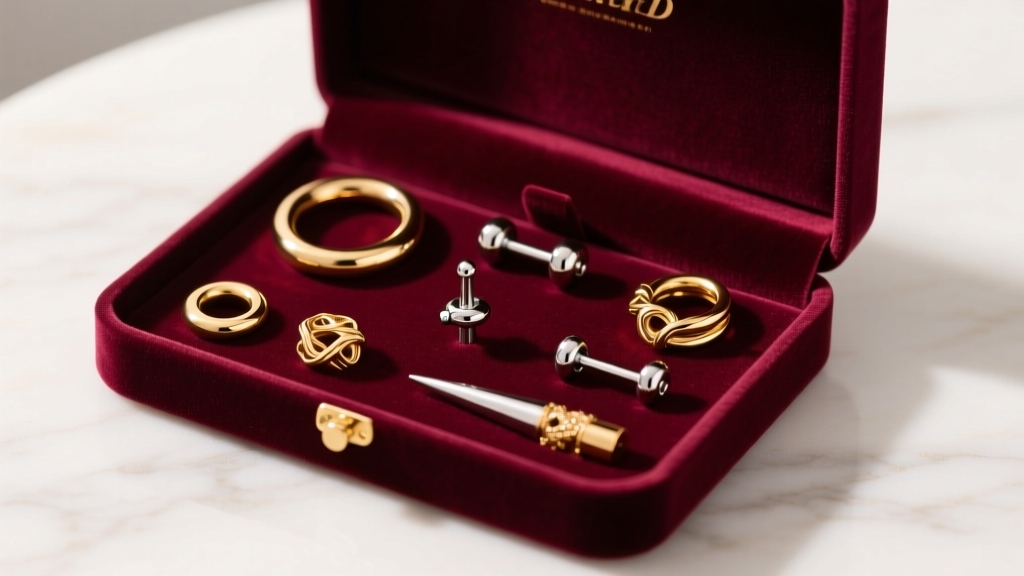 Open velvet gift box displaying an array of titanium and gold body piercing jewelry under warm, focused studio lighting.