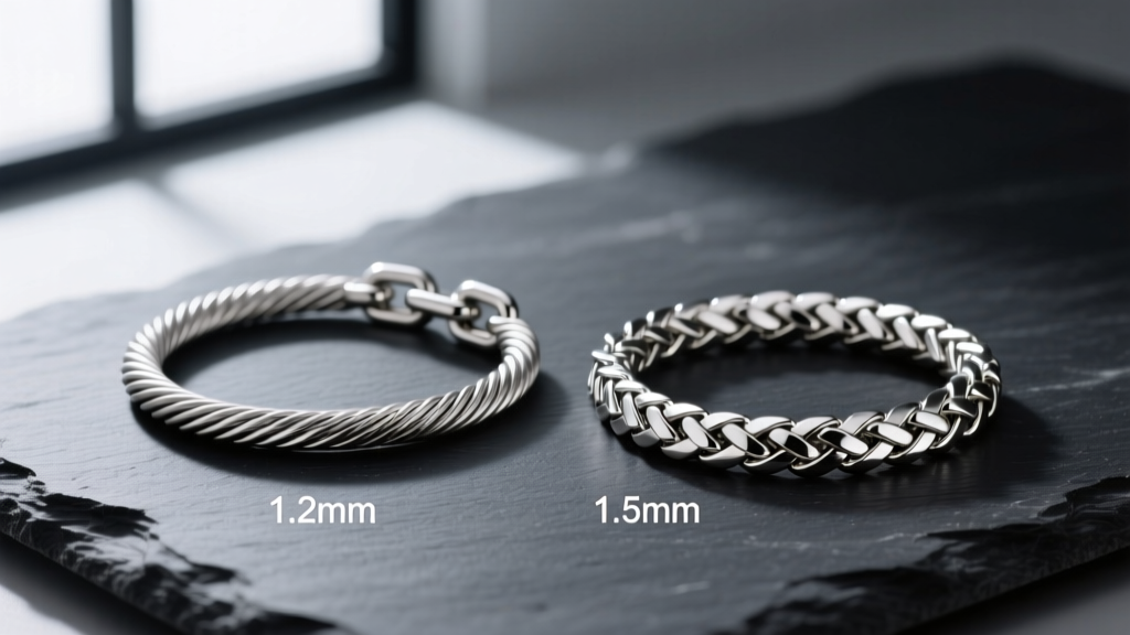 Comparison of a 1.2mm cable chain and a 1.5mm herringbone chain in polished stainless steel resting on a dark slate background